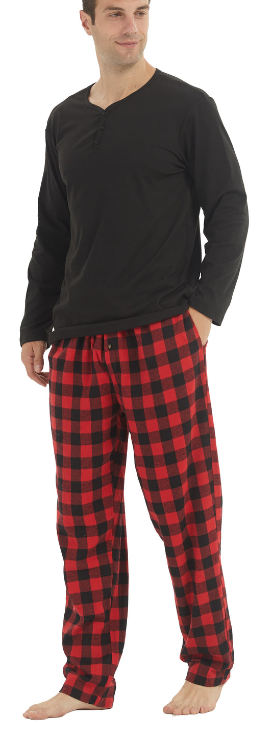 YUSHOW Mens Winter Pajamas Set Warm Fleece Henley Long Sleeve Top & Flannel Plaid Pajama Pants Pjs Sleepwear