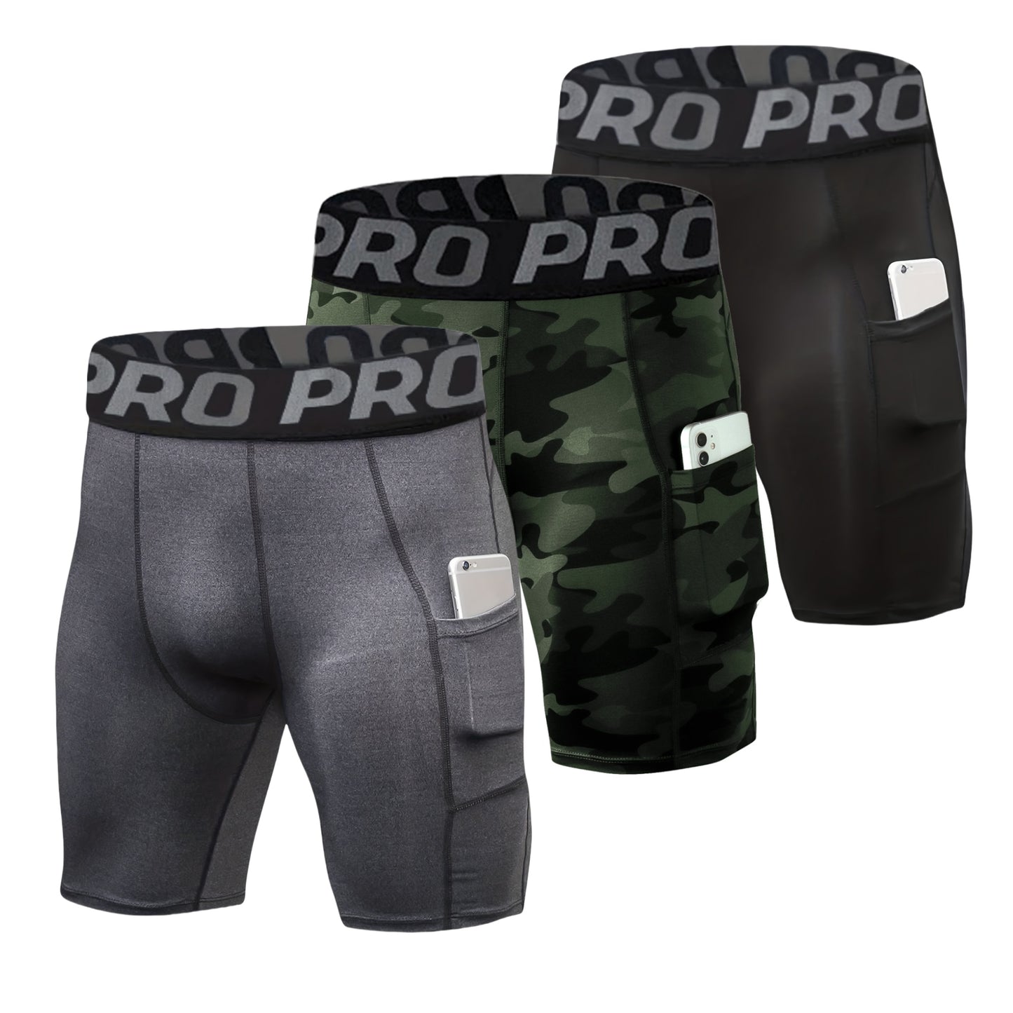 YUSHOW 3 Pack Men's Compression Shorts Running Gym Yoga Athletic Workout Underwear with Pockets