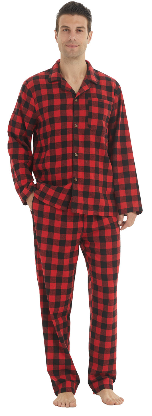 YUSHOW Men Cotton Plaid Pajamas Set Soft Comfy Long Sleeve Male Plain Woven PJ Set Lounge Top Pants Sleepwear Broadcloth Size Medium