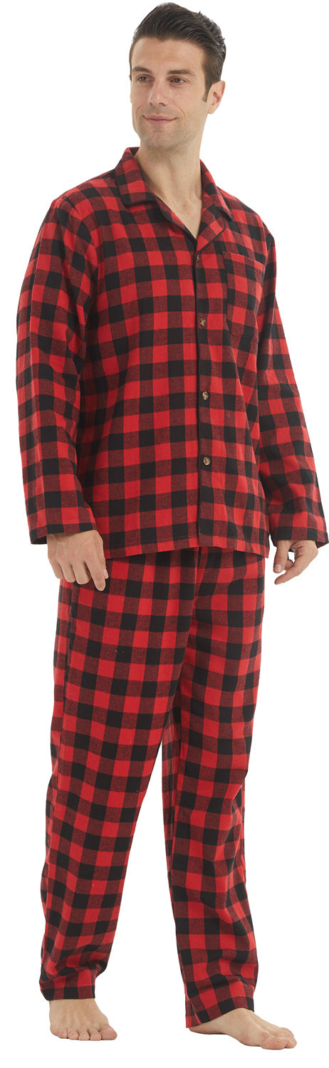 YUSHOW Men Cotton Plaid Pajamas Set Soft Comfy Long Sleeve Male Plain Woven PJ Set Lounge Top Pants Sleepwear Broadcloth Size Medium