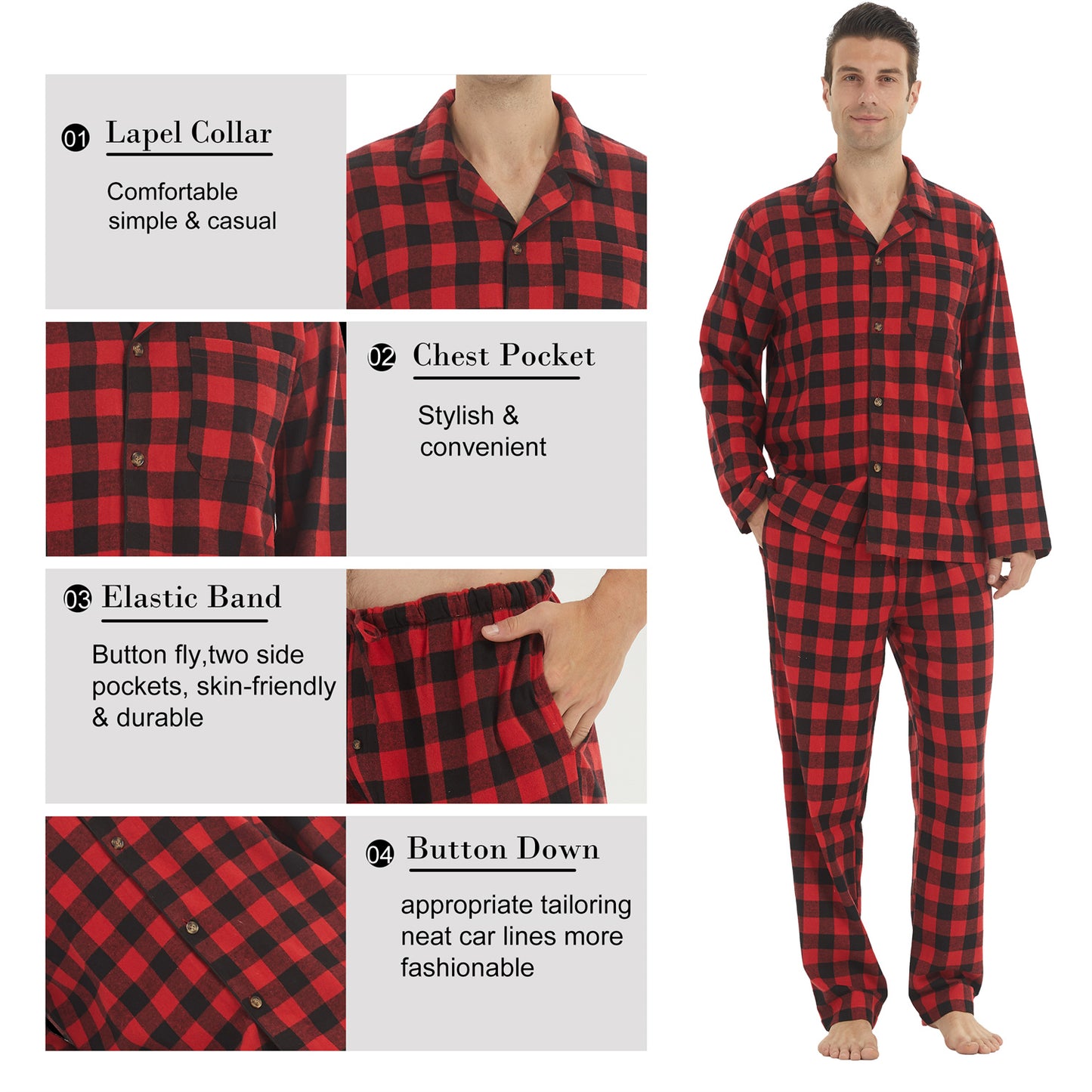 YUSHOW Men Cotton Plaid Pajamas Set Soft Comfy Long Sleeve Male Plain Woven PJ Set Lounge Top Pants Sleepwear Broadcloth Size Medium