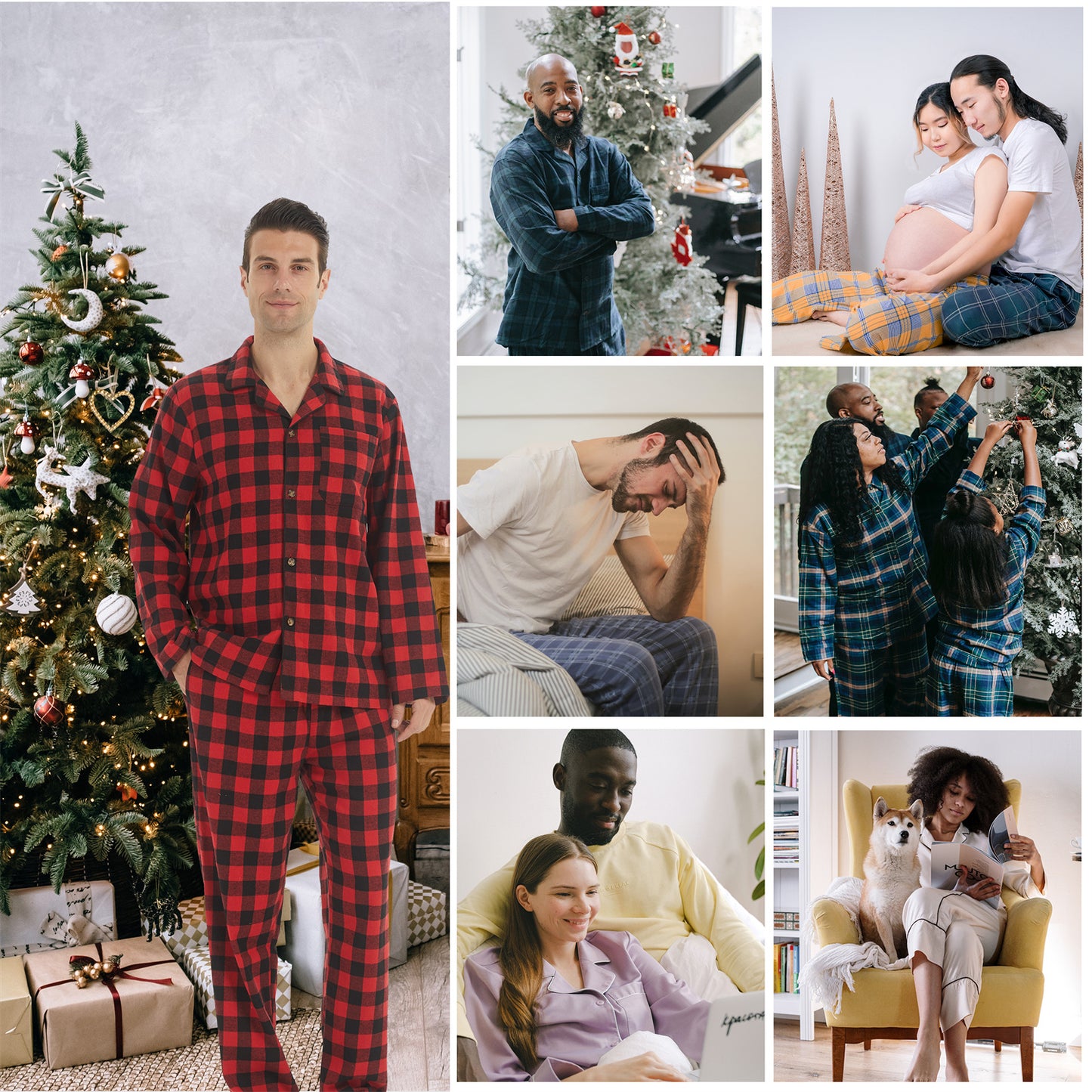 YUSHOW Men Cotton Plaid Pajamas Set Soft Comfy Long Sleeve Male Plain Woven PJ Set Lounge Top Pants Sleepwear Broadcloth Size Medium