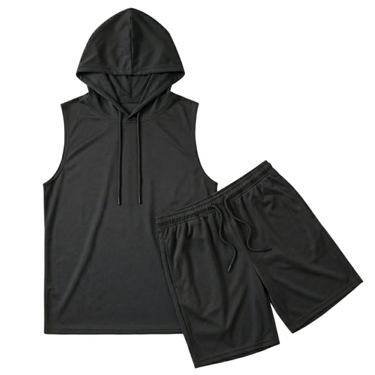 Men's 2 Piece Summer Outfits Sleeveless Hoodie and Gym Shorts Set Breathable Mesh Workout Set