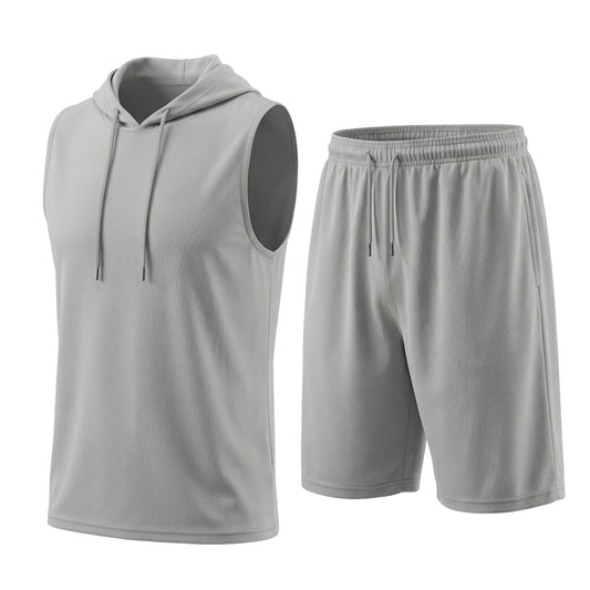 Men's 2 Piece Summer Outfits Sleeveless Hoodie and Gym Shorts Set Breathable Mesh Workout Set