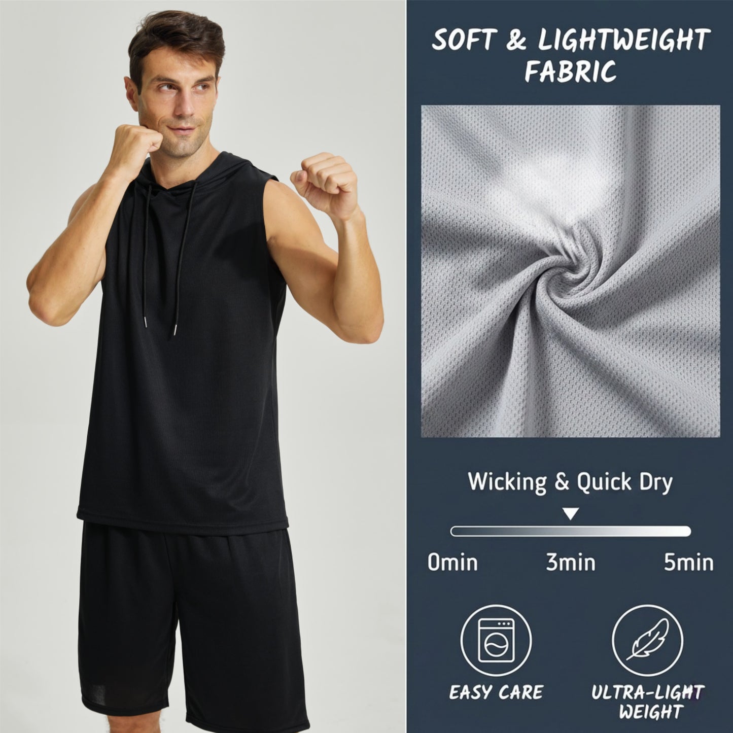 Men's 2 Piece Summer Outfits Sleeveless Hoodie and Gym Shorts Set Breathable Mesh Workout Set