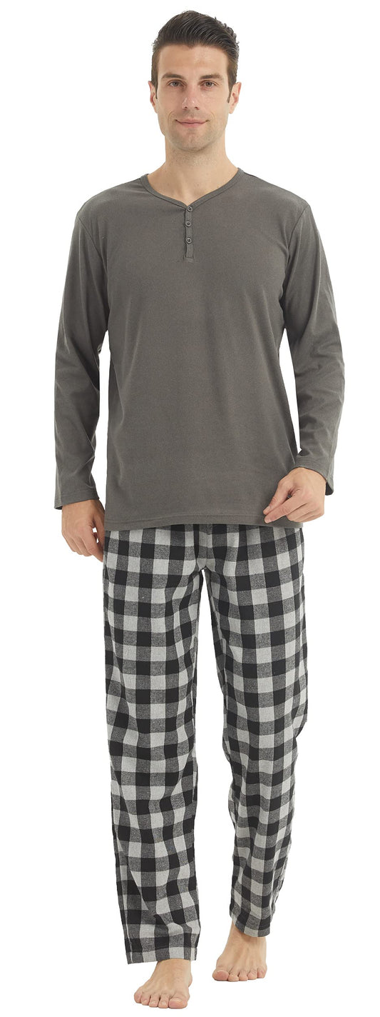 YUSHOW Mens Winter Pajamas Set Warm Fleece Henley Long Sleeve Top & Flannel Plaid Pajama Pants Pjs Sleepwear
