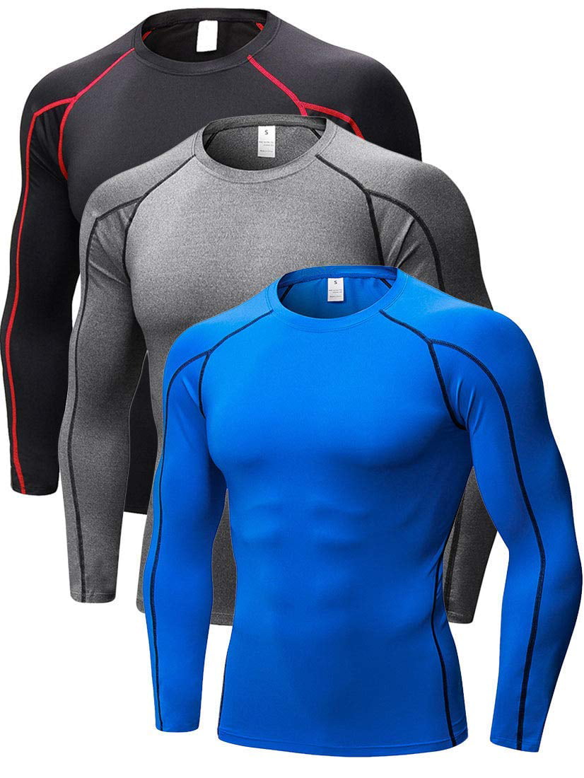 YUSHOW Men's 3-Pack Long Sleeve Compression Workout Shirts, Quick-Dry & Moisture-Wicking