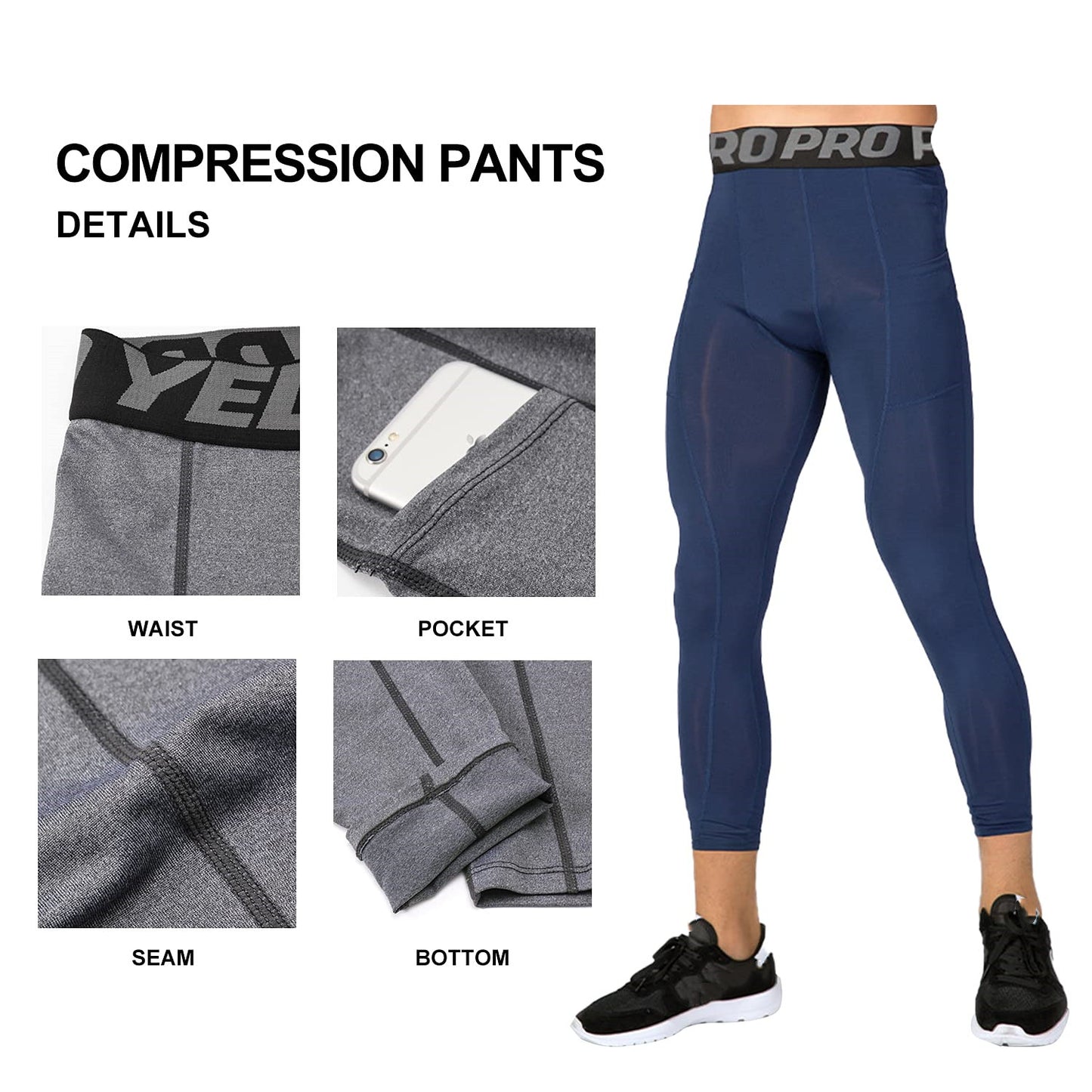 YUSHOW Men's 3/4 Compression Pants, Quick Dry Workout Tights with Pockets, Athletic Leggings for Running, 3-Pack