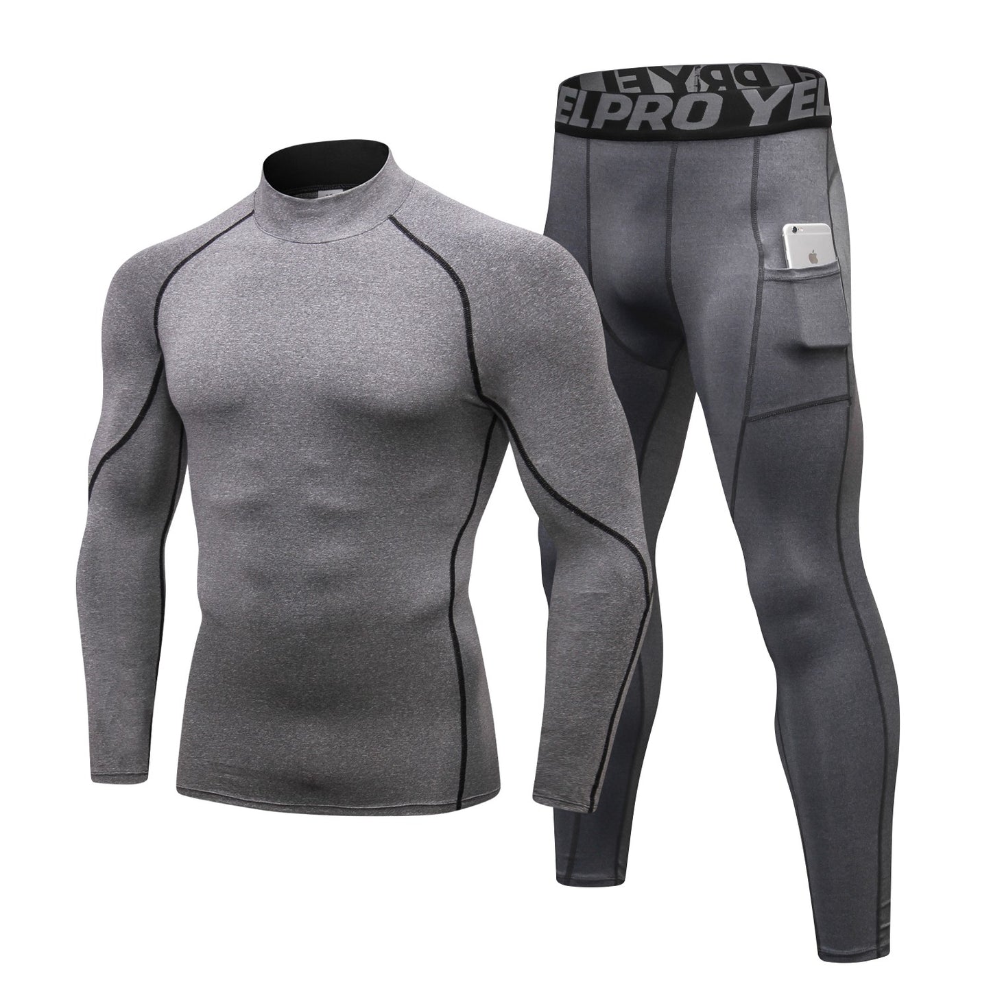 YUSHOW Men Sports Running Set Athletic Turtle Neck Male Compression Shirt Legging Fitness Tracksuit Gym Suits Size Large
