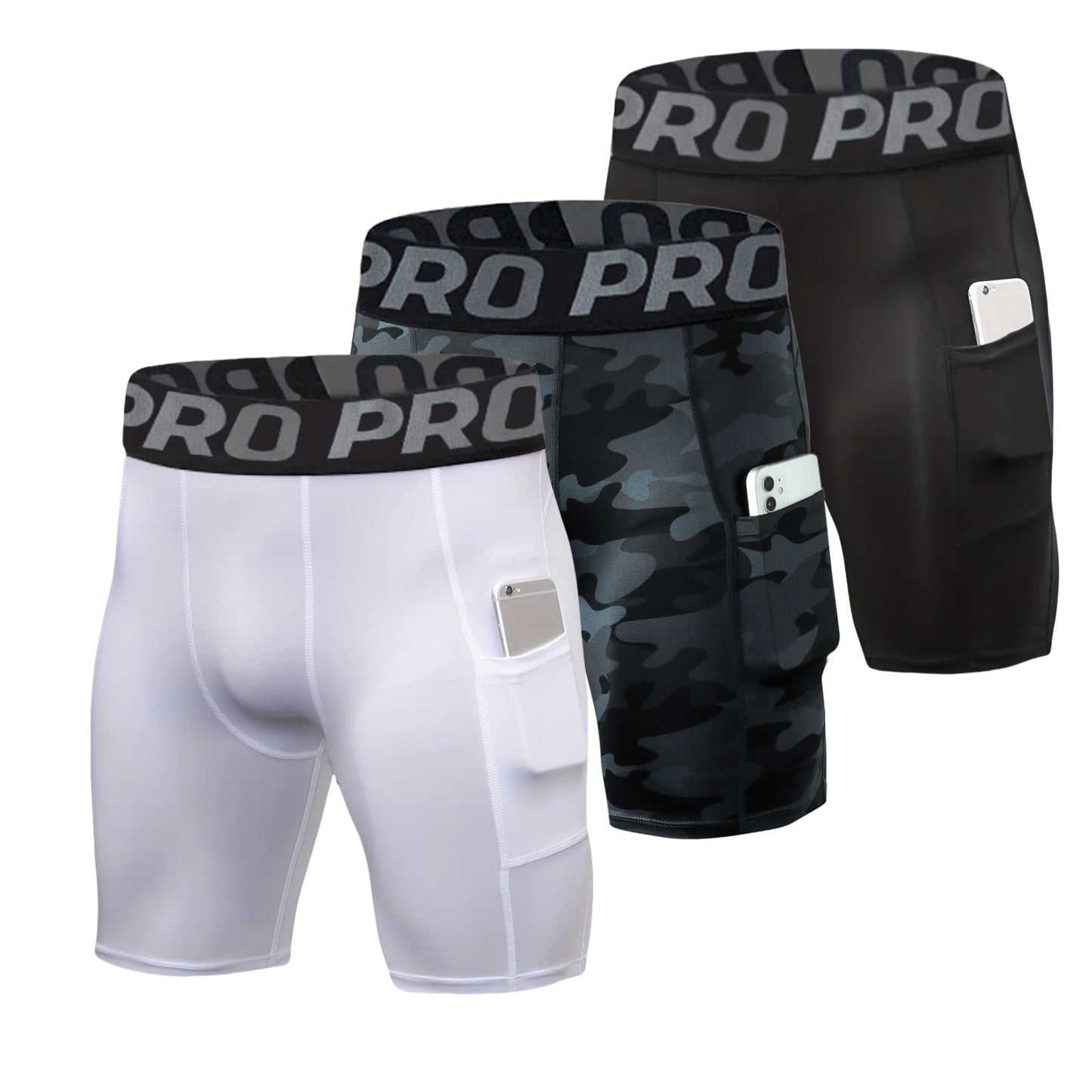 YUSHOW 3 Pack Men's Compression Shorts Running Gym Yoga Athletic Workout Underwear with Pockets