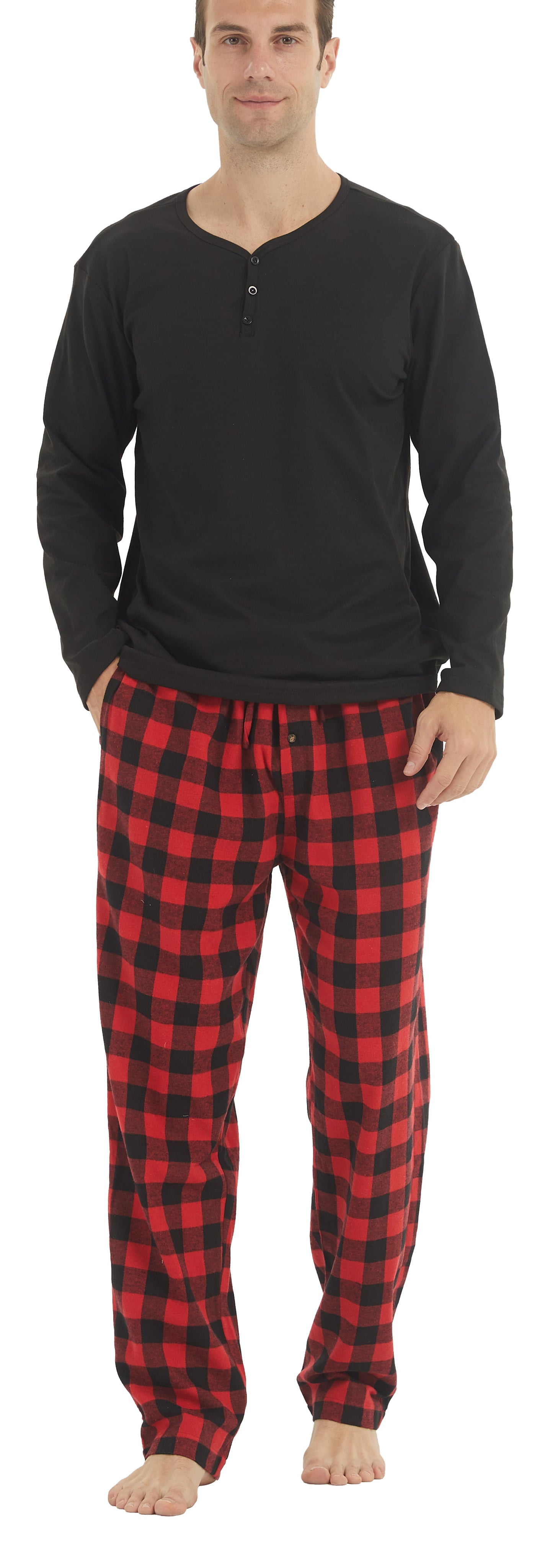 YUSHOW Mens Winter Pajamas Set Warm Fleece Henley Long Sleeve Top & Flannel Plaid Pajama Pants Pjs Sleepwear