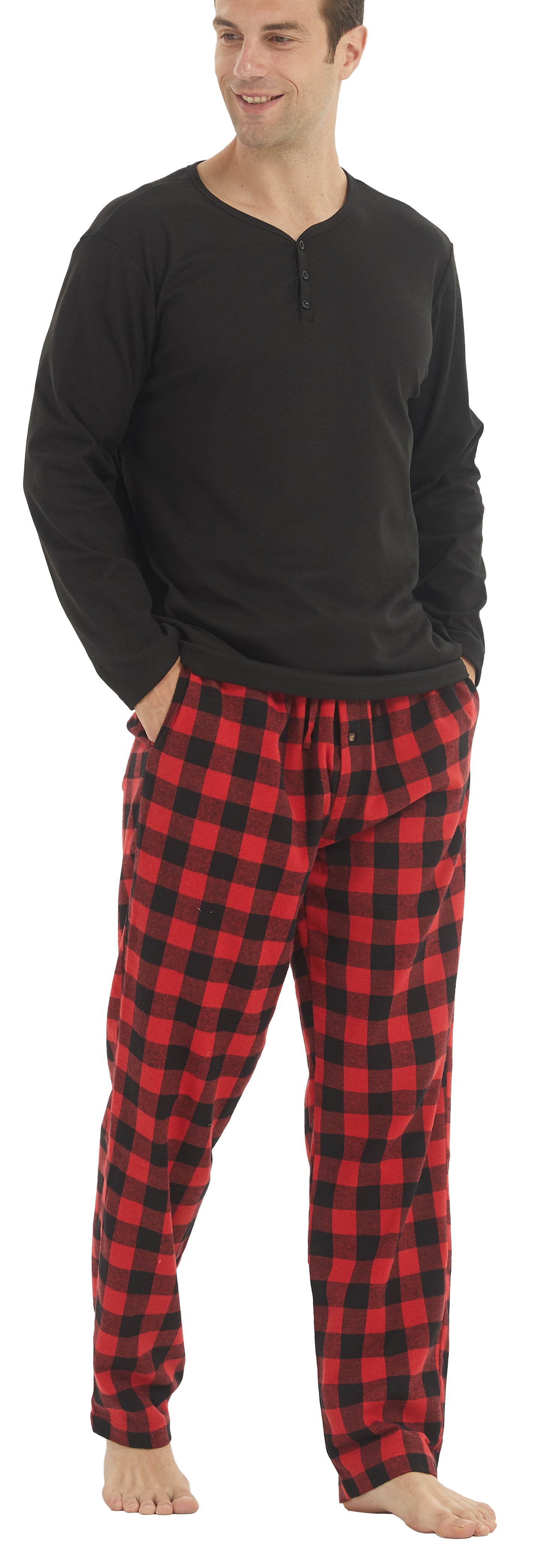 YUSHOW Mens Winter Pajamas Set Warm Fleece Henley Long Sleeve Top & Flannel Plaid Pajama Pants Pjs Sleepwear