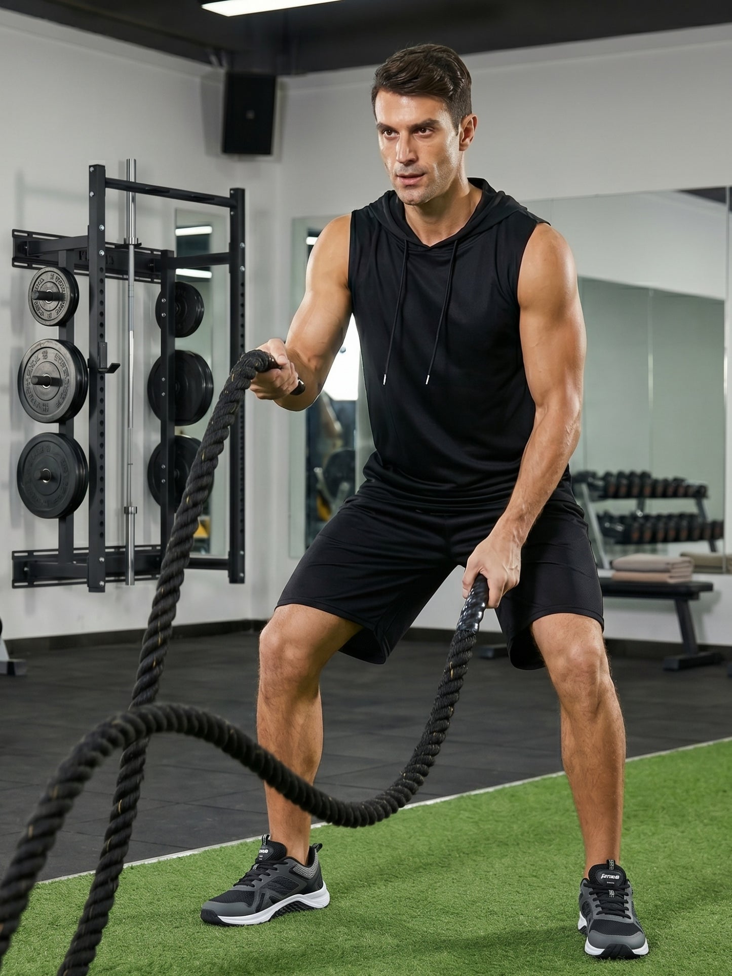 Men's 2 Piece Summer Outfits Sleeveless Hoodie and Gym Shorts Set Breathable Mesh Workout Set