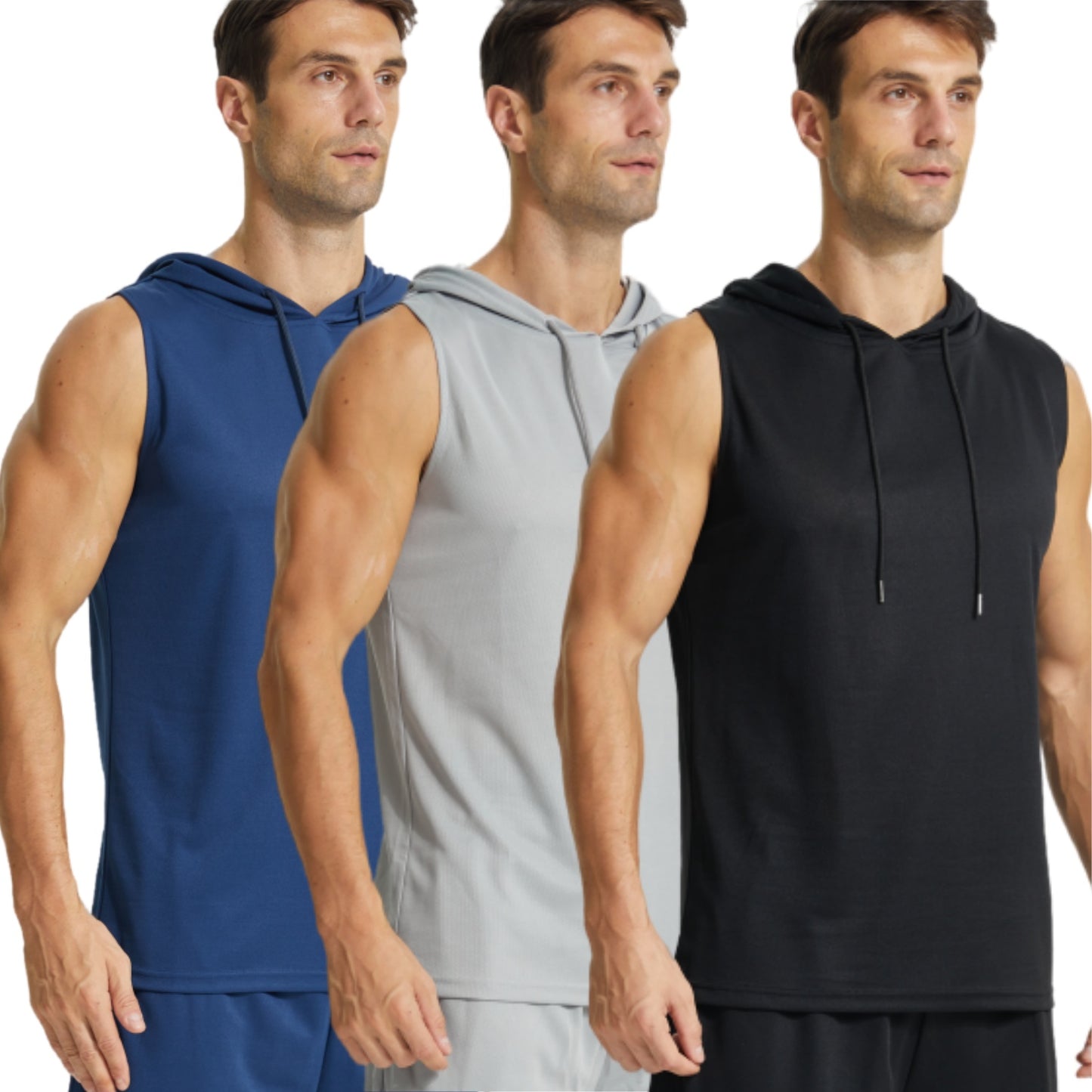 YUSHOW 3 Pack Mens Active Workout Hoodie Tank Tops Sleeveless Quick Dry Running Muscle Shirts