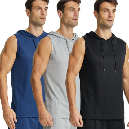 YUSHOW 3 Pack Mens Active Workout Hoodie Tank Tops Sleeveless Quick Dry Running Muscle Shirts