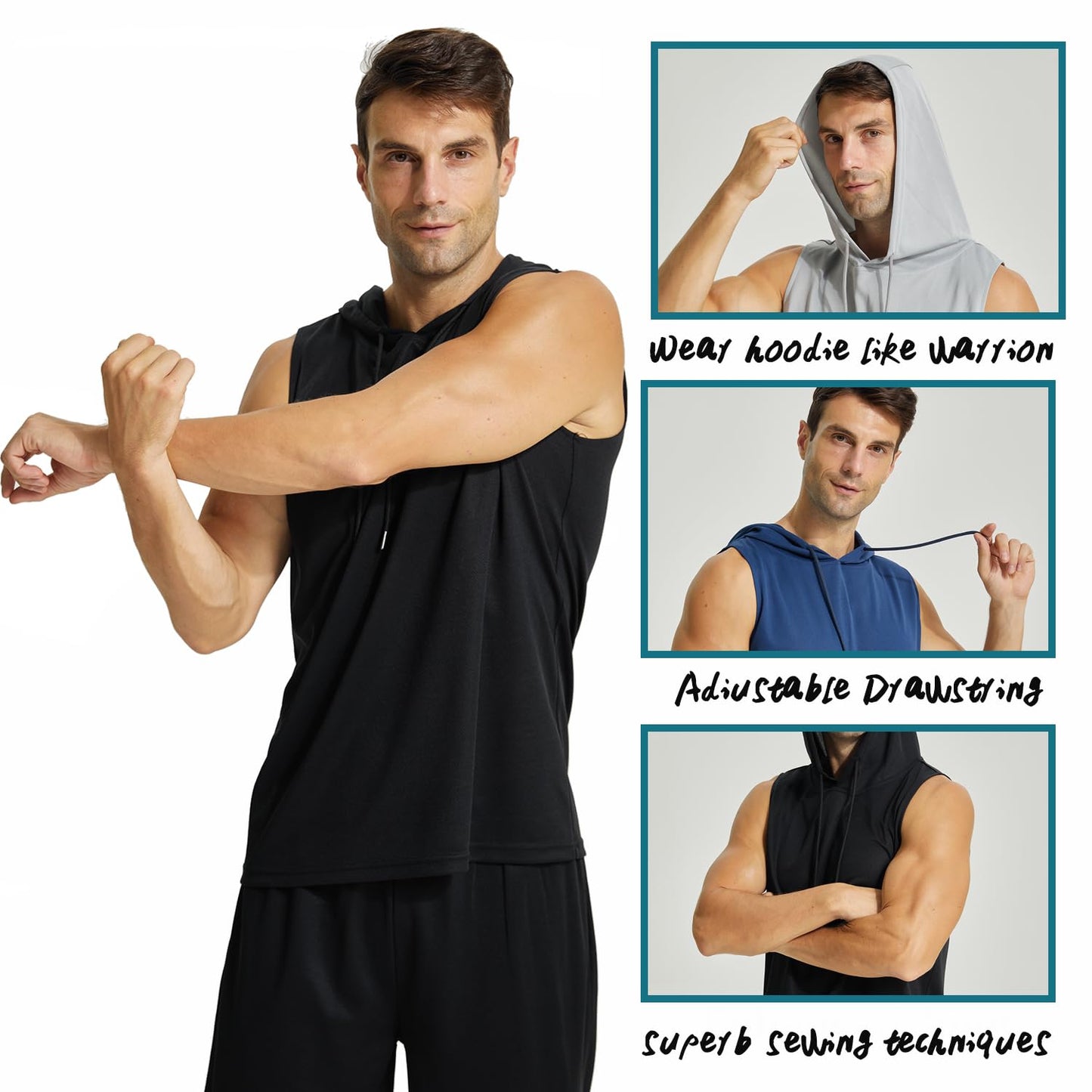YUSHOW 3 Pack Mens Active Workout Hoodie Tank Tops Sleeveless Quick Dry Running Muscle Shirts