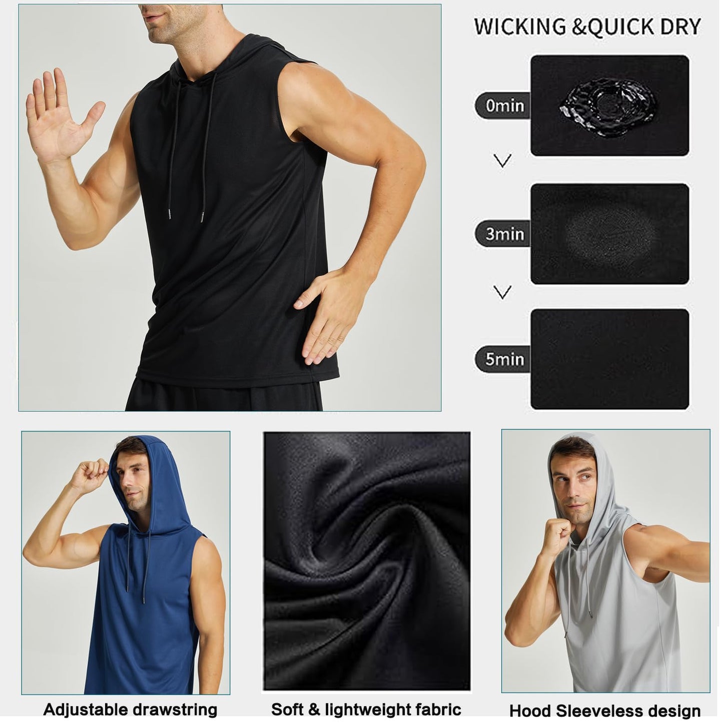 YUSHOW 3 Pack Mens Active Workout Hoodie Tank Tops Sleeveless Quick Dry Running Muscle Shirts