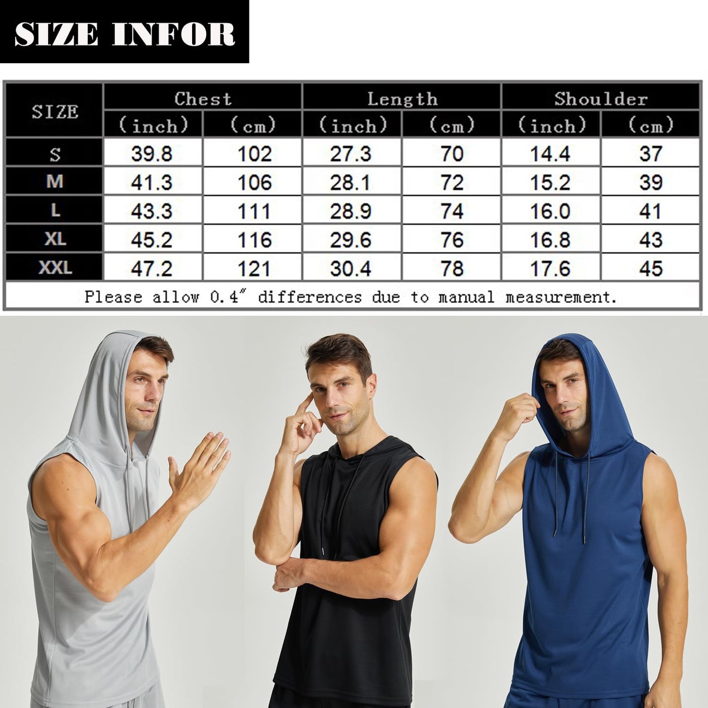 YUSHOW 3 Pack Mens Active Workout Hoodie Tank Tops Sleeveless Quick Dry Running Muscle Shirts