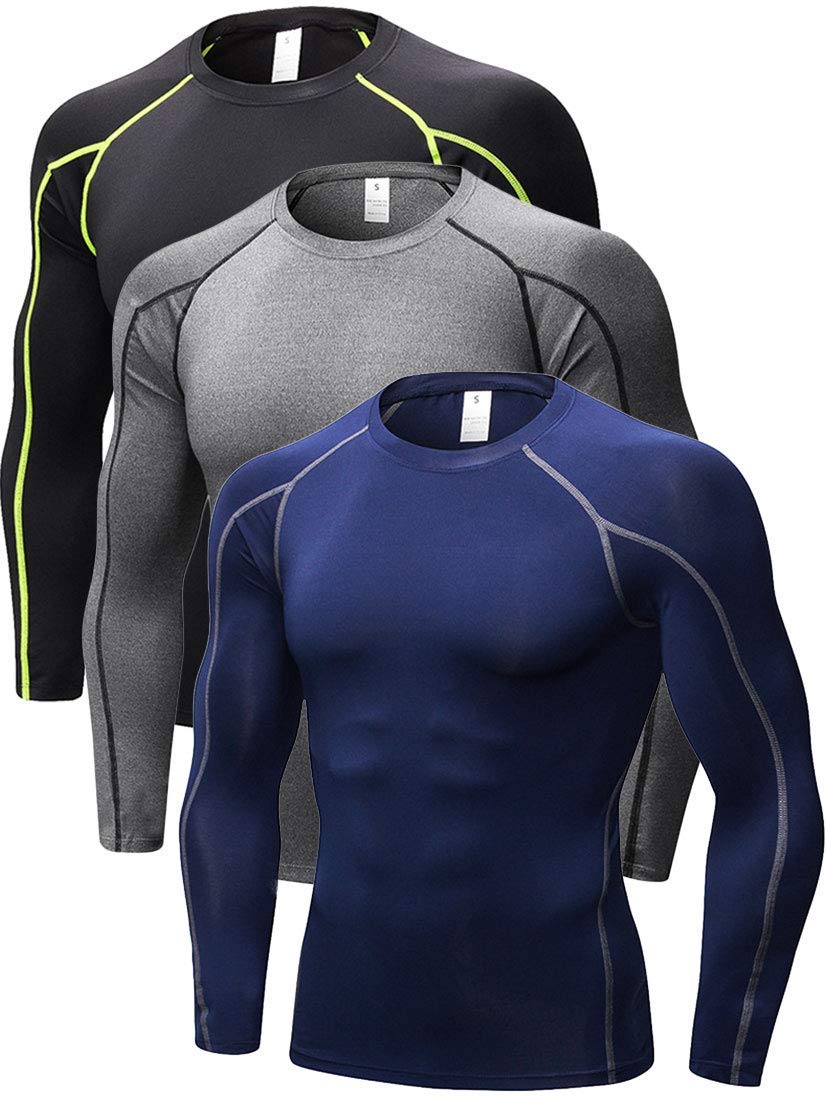 YUSHOW Men's 3-Pack Long Sleeve Compression Workout Shirts, Quick-Dry & Moisture-Wicking