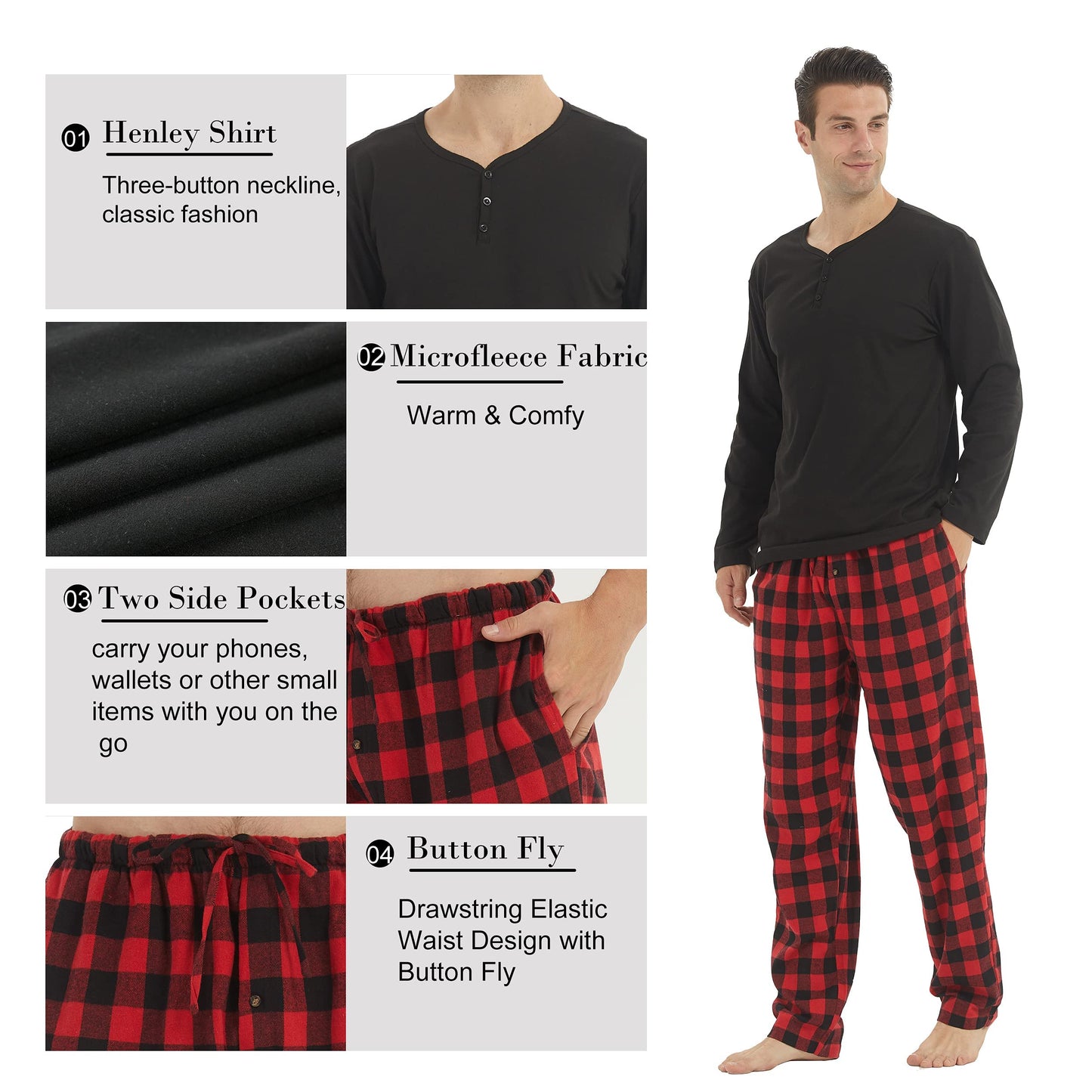 YUSHOW Mens Winter Pajamas Set Warm Fleece Henley Long Sleeve Top & Flannel Plaid Pajama Pants Pjs Sleepwear