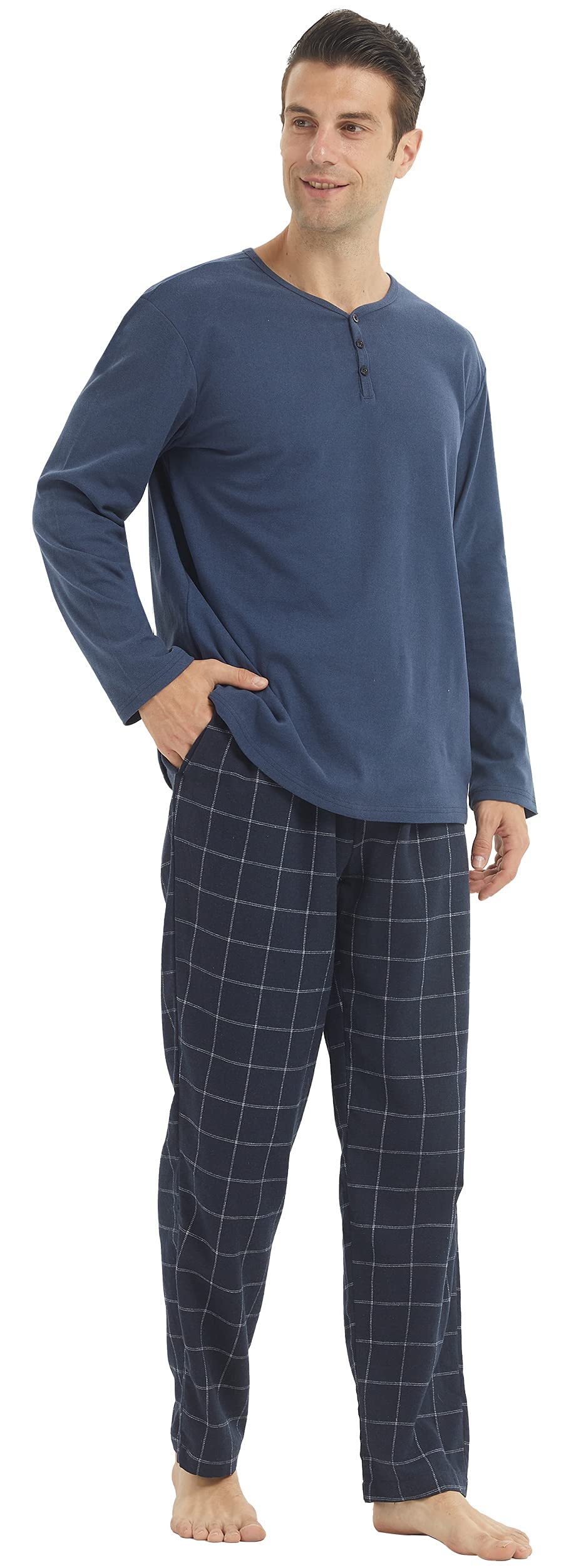 YUSHOW Mens Winter Pajamas Set Warm Fleece Henley Long Sleeve Top & Flannel Plaid Pajama Pants Pjs Sleepwear