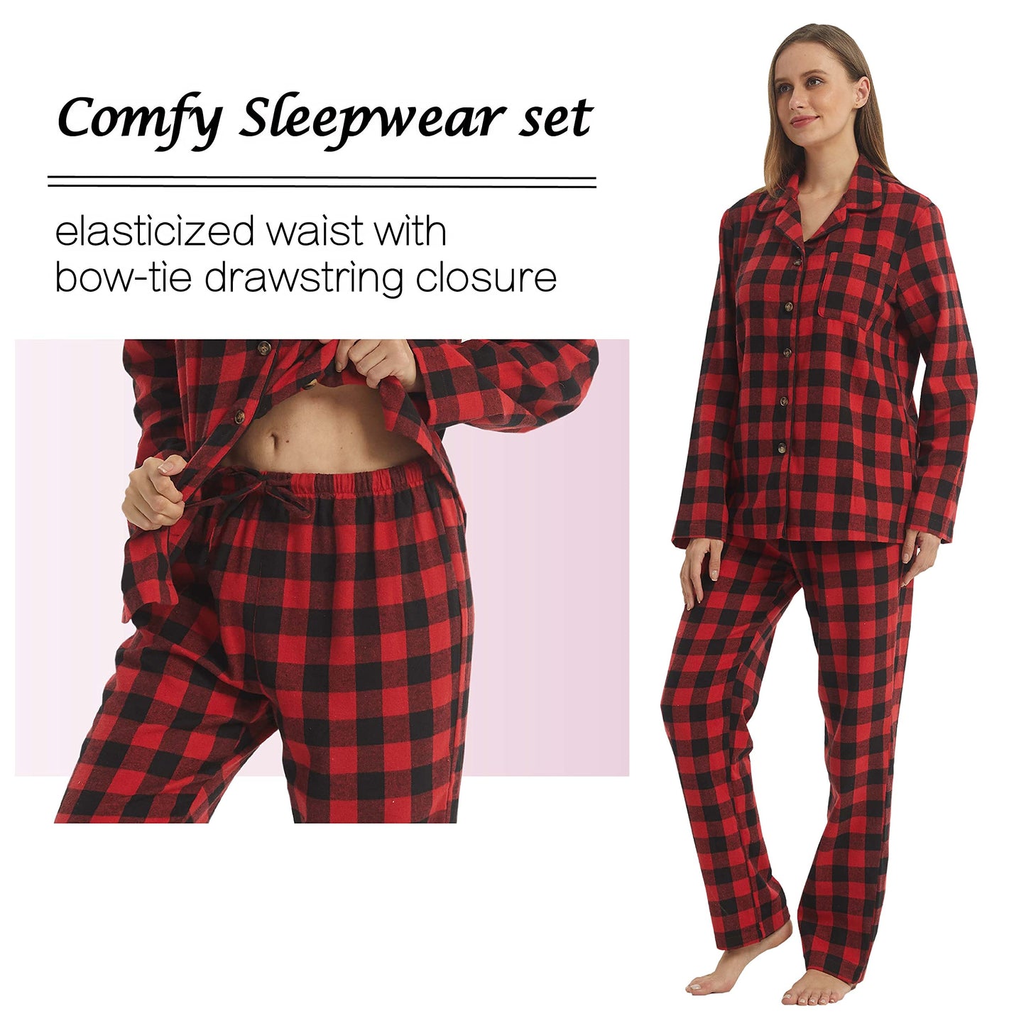 YUSHOW Women's Flannel Pajama Set Long Sleeve Soft Comfy Sleepwear with Long Pants Cotton Loungewear