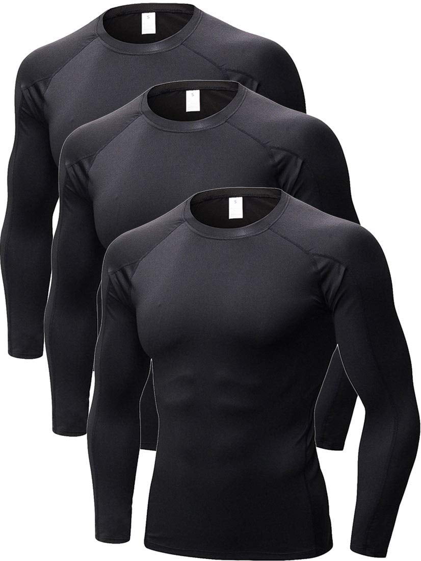 YUSHOW Men's 3-Pack Long Sleeve Compression Workout Shirts, Quick-Dry & Moisture-Wicking