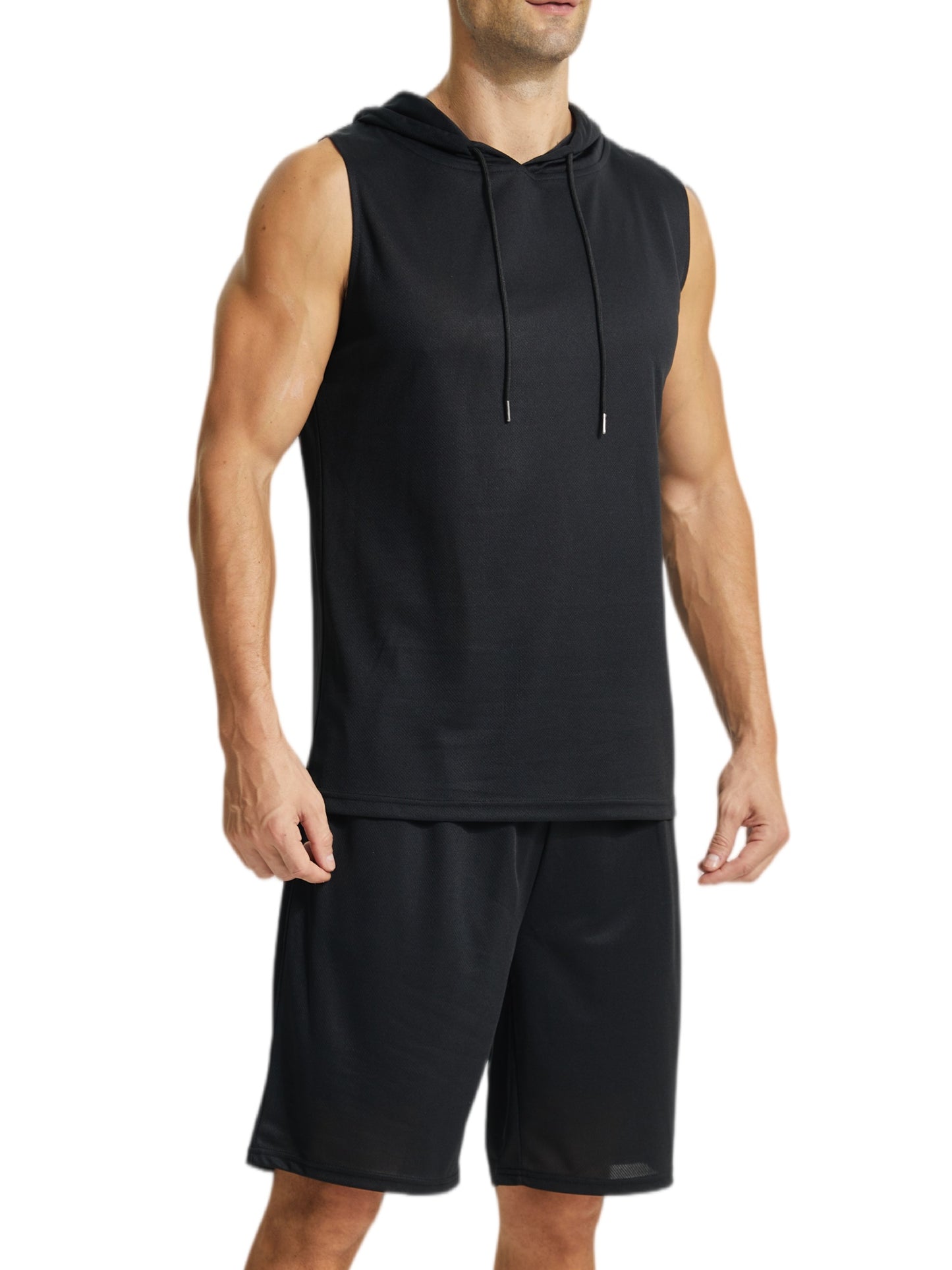 Men's 2 Piece Summer Outfits Sleeveless Hoodie and Gym Shorts Set Breathable Mesh Workout Set