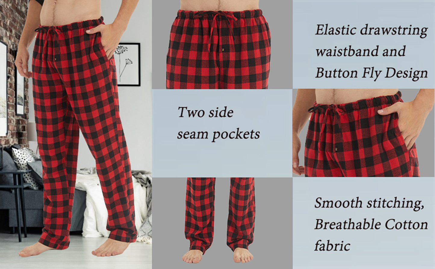 YUSHOW Men Flannel Pajama Pants Cotton Soft Plaid Lounge Pjs Bottoms with Pockets